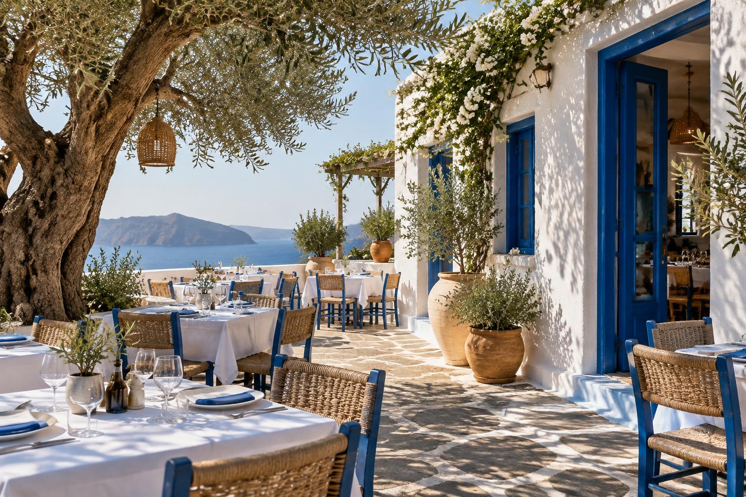 Sunlit Greek terrace with blue doors, white tablecloths, and an olive tree